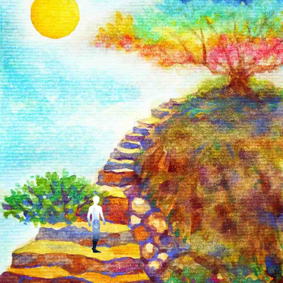Person walking colorful stairs under bright sun
