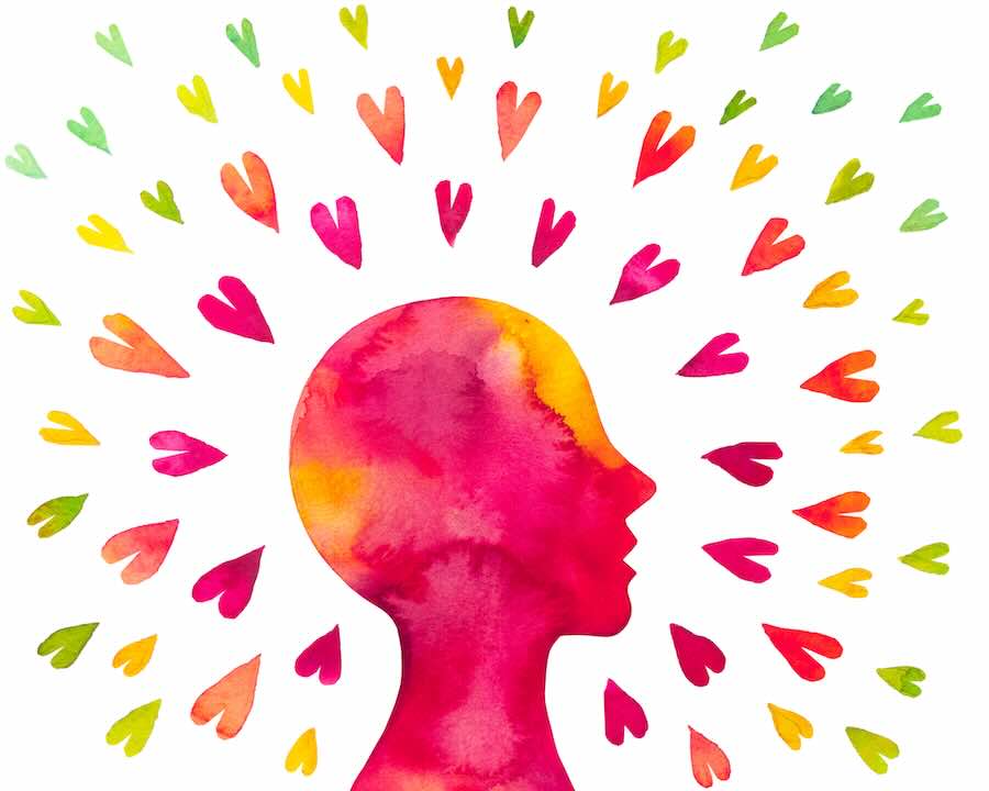 Colorful silhouette with hearts radiating outward