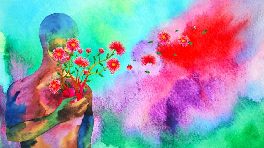 Colorful watercolor of person with flowers